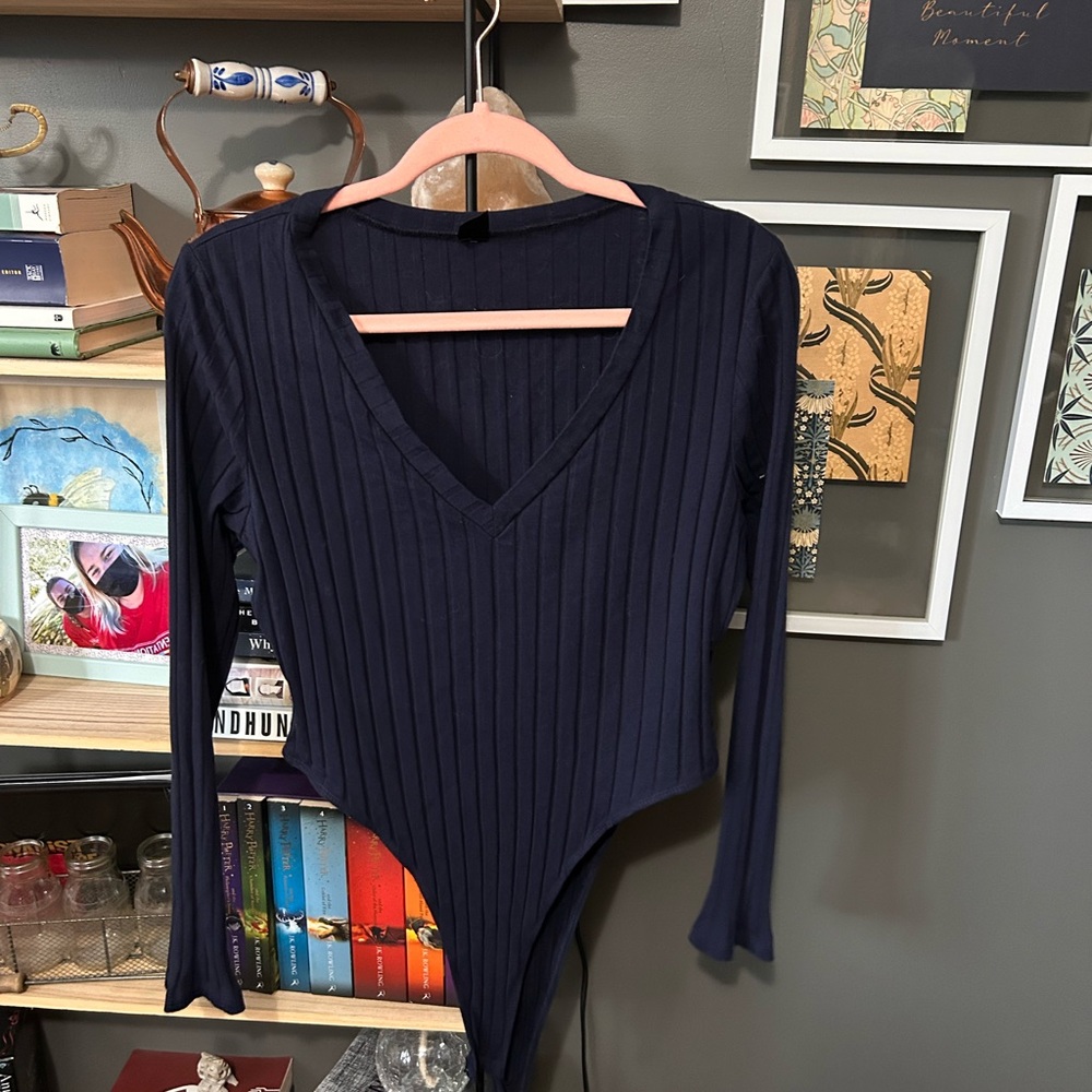 SHEIN Navy Ribbed V-Neck Bodysuit